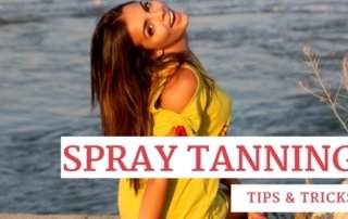 Tan Woman by a Lake with text that says spray tanning tips and tricks