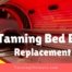 Tanning bed with text that says Tanning Bed Bulbs Replacement Guide